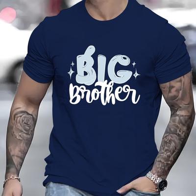 TEMU Men's Polyester Crew Neck T-shirt With Big Brother Print - Casual Short Sleeve Knit Top, Fashionable Summer Tee With Stretch, Regular Fit 180g - Adult Image