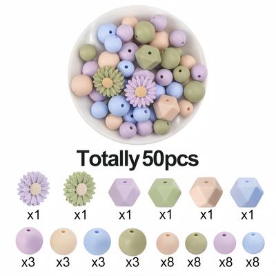 TEMU 50pcs Daisy Flower Silicone Bead Kit - Mixed Color Round & Hexagon Beads 12/14/15mm, Making Crafts For Pens, Pendants, Necklaces, Bracelets - Creative Decorative Beads For Handmade Gifts Image