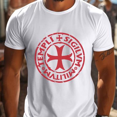 TEMU Patterns Church Templar Print, Men's Crew Neck Tees, Casual Comfy T-shirts For Men, Clothing Tops For Summer Image
