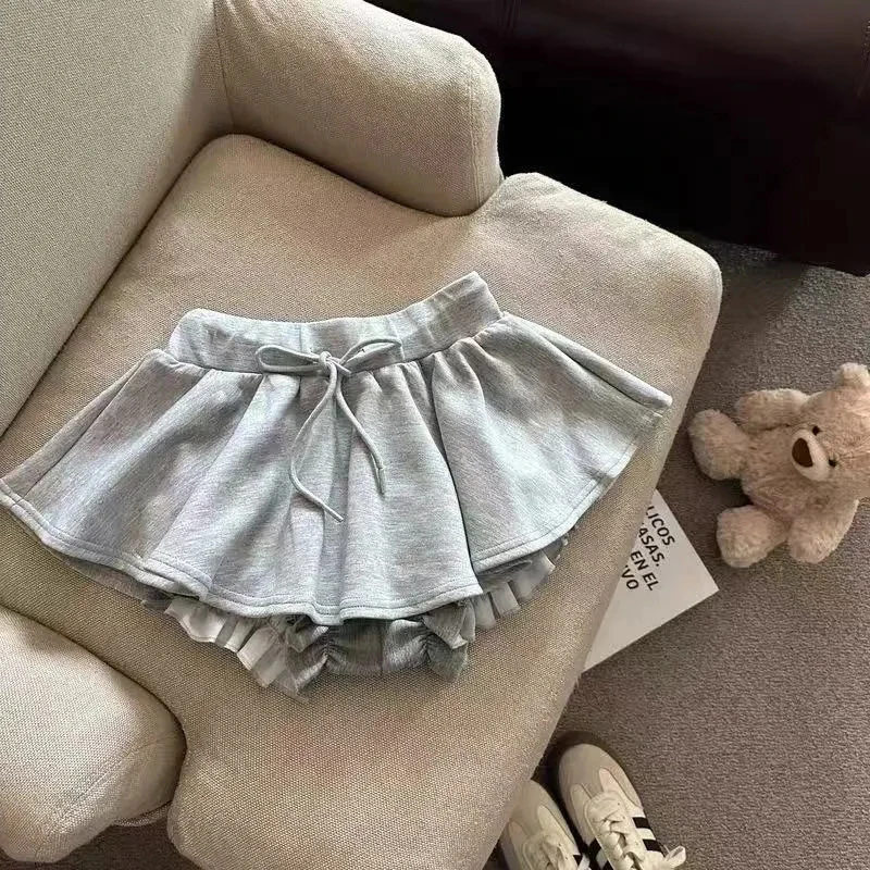 Harajuku Grau Kordelzug Mini Skort Frauen Süße Sexy A-linie Puff Shorts Y2K Adrette Rüschen Sportliche Schwarz Skort