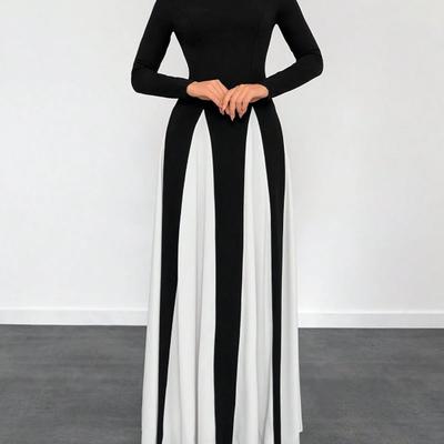 TEMU Women's Elegant Black & White Contrast Long Sleeve Dress - Pleated Detail, Pencil Silhouette, Versatile Wear, Machine Washable, Formal Attire, Round Neckline, Sophisticated Design Image