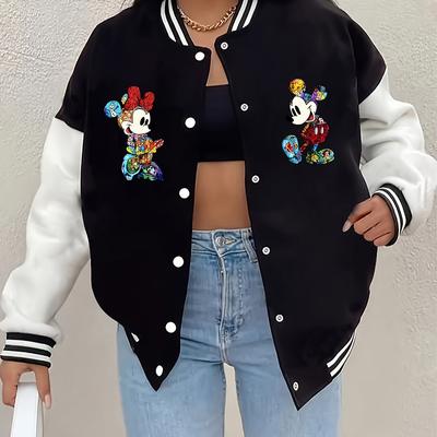 TEMU Stylish Women's Commuter Mouse Print Baseball Jacket For Casual Image