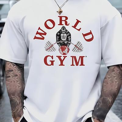 TEMU World Gym Men's Casual Cotton T-shirt- Soft, Breathable, Elastic Crew Neck T-shirt With 'world Gym' Design- Casual Wear And Gifts Image
