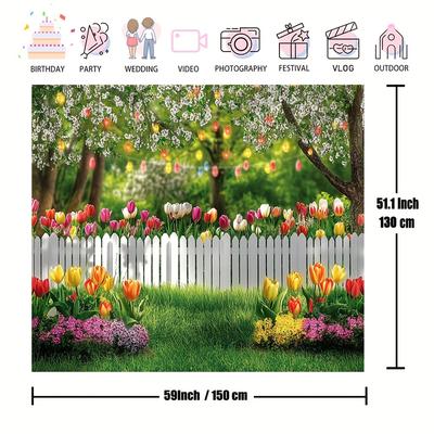TEMU 1pc Polyester Backdrop, Floral & Grass Landscape Photography Background, Easter & Birthday Party Decor, Studio Banner Prop, Photo Booth Gift