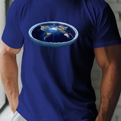 TEMU Men's Casual Crew Neck T-shirt With Flat Earth , 100% Polyester Knit Fabric, Stretch, Regular Fit, Summer Short Sleeve Tee - Geometric Image