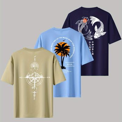 TEMU 3pcs Men's Graphic Print T-shirts - Casual Loose Neck Tees In Black, Yellow & Green With Geometric, Palm Tree & Bird Designs - Summer Short Sleeve Tops For Casual Attire Image
