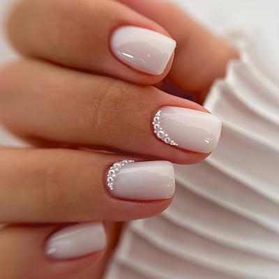 TEMU 24pcs Elegant Square Press-on Nails, Fair Nude With Rhinestone Accents & Glittery White - Chic And For Weddings And Stylish Women, Nail Art Image