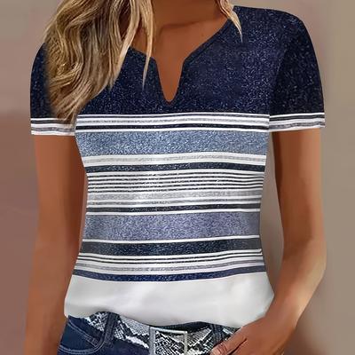 TEMU Women's Elegant V-neck Short Sleeve T-shirt With Stripes - Casual Blue And White Top, Wear, Casual Attire | | Sleeveless Top Image