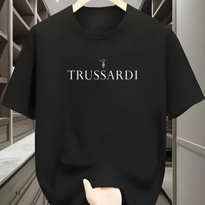 TEMU Men's Trussardi Geometric Logo T-shirt - 100% Cotton Regular Neck Tee With Stretch, Lightweight 180gsm Fabric For Casual Wear Image
