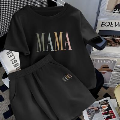 TEMU Plus Size, 2pcs Summer Plus Size Casual Women's Round Neck Short Sleeve Set With Mama Print, Comfortable Outing And T-shirt + Elastic Waist Pocket Shorts Image
