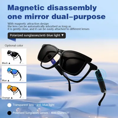Heiße Smart-Brille für Männer, 2-in-1, UV-Schutz, tragbar, polarisiert, antibaklaulicht, schwarzer Rahmen, weiße Gläser, Musik-Sonnenbrille für Damen Image