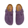 Lila Retro-Hausschuhe mit dicken Sohlen für Damen, Slip-on-Schuhe mit geschlossener Zehenpartie, für drinnen und draußen, Wildleder-Pantoletten, halbe Hausschuhe mit Schnalle