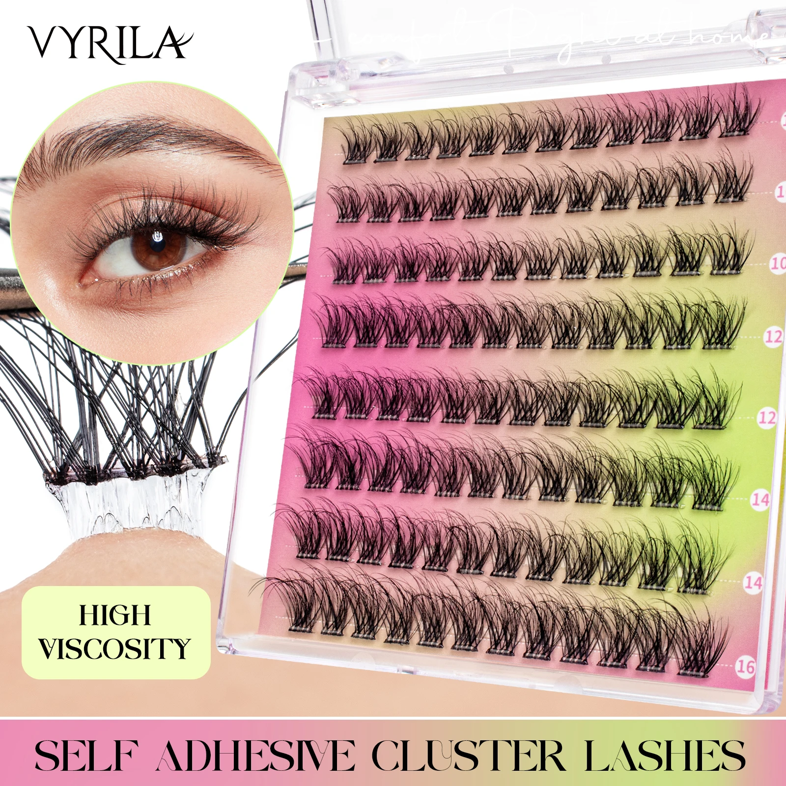 VYRILA Selbstklebende Cluster-Wimpern, kleberfrei, DIY, individuelle Wimpernverlängerung, natürliche weiche Wimpern, kein Kleber erforderlich, segmentierte Wimpern Image