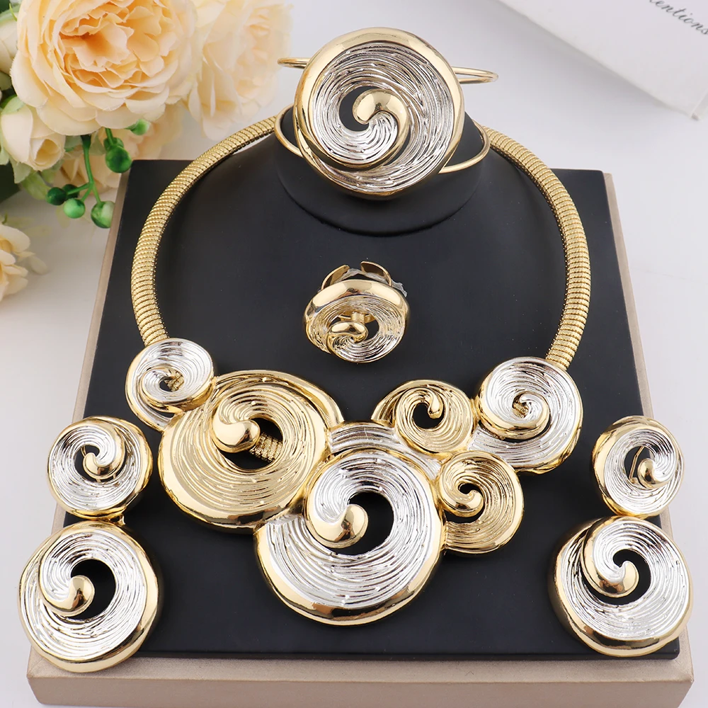 Modisches Sommerurlaub-Schmuckset für Frauen, Ozean-Meer-Wellenform, Ohrring-Halskette, übertriebener Ring-Armreif für Strandparty Image