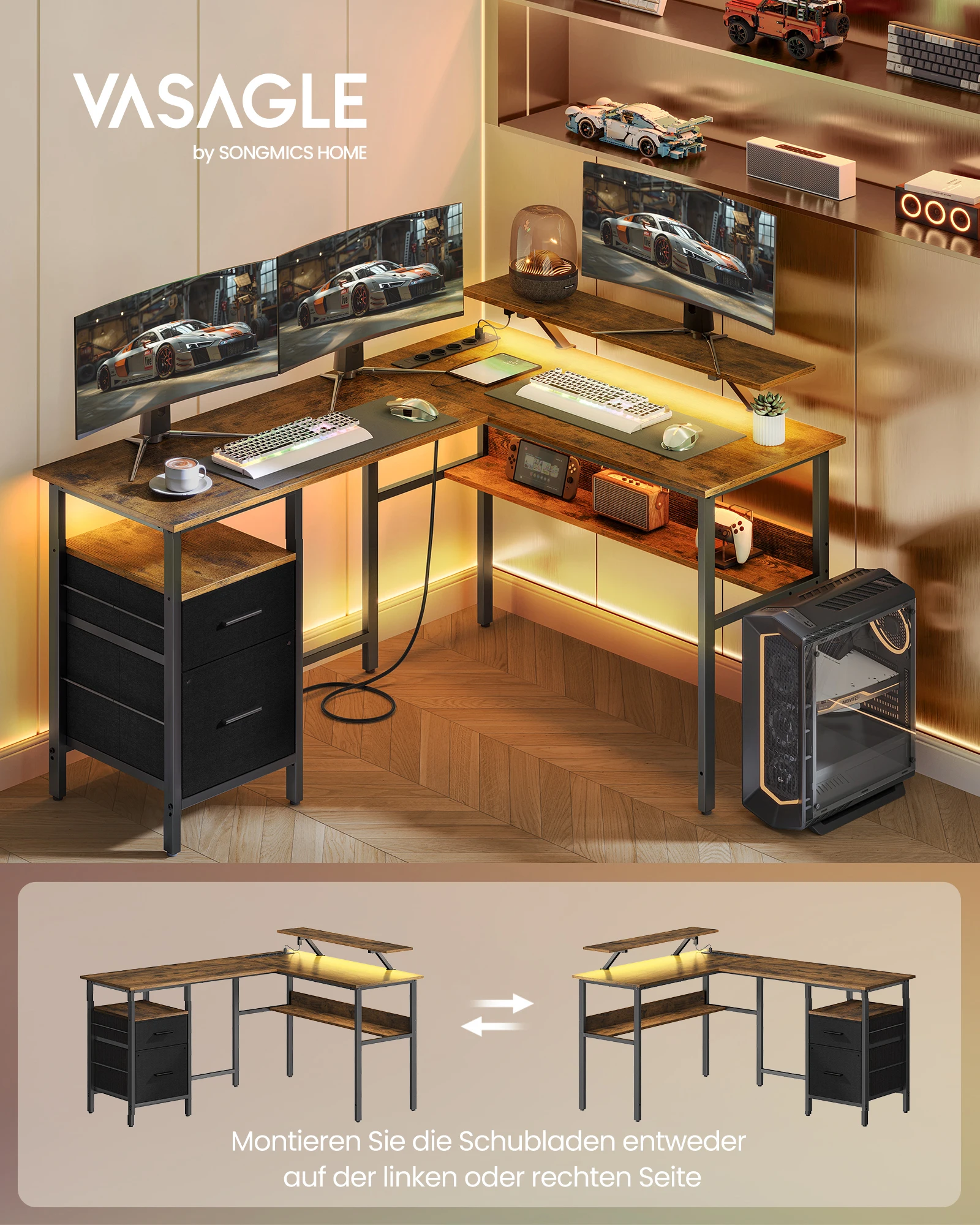 VASAGLE L-förmiger Schreibtisch mit Steckdosen, Eckschreibtisch, Computertisch, Monitorständer, Gaming-Tisch, LED-Beleuchtung
