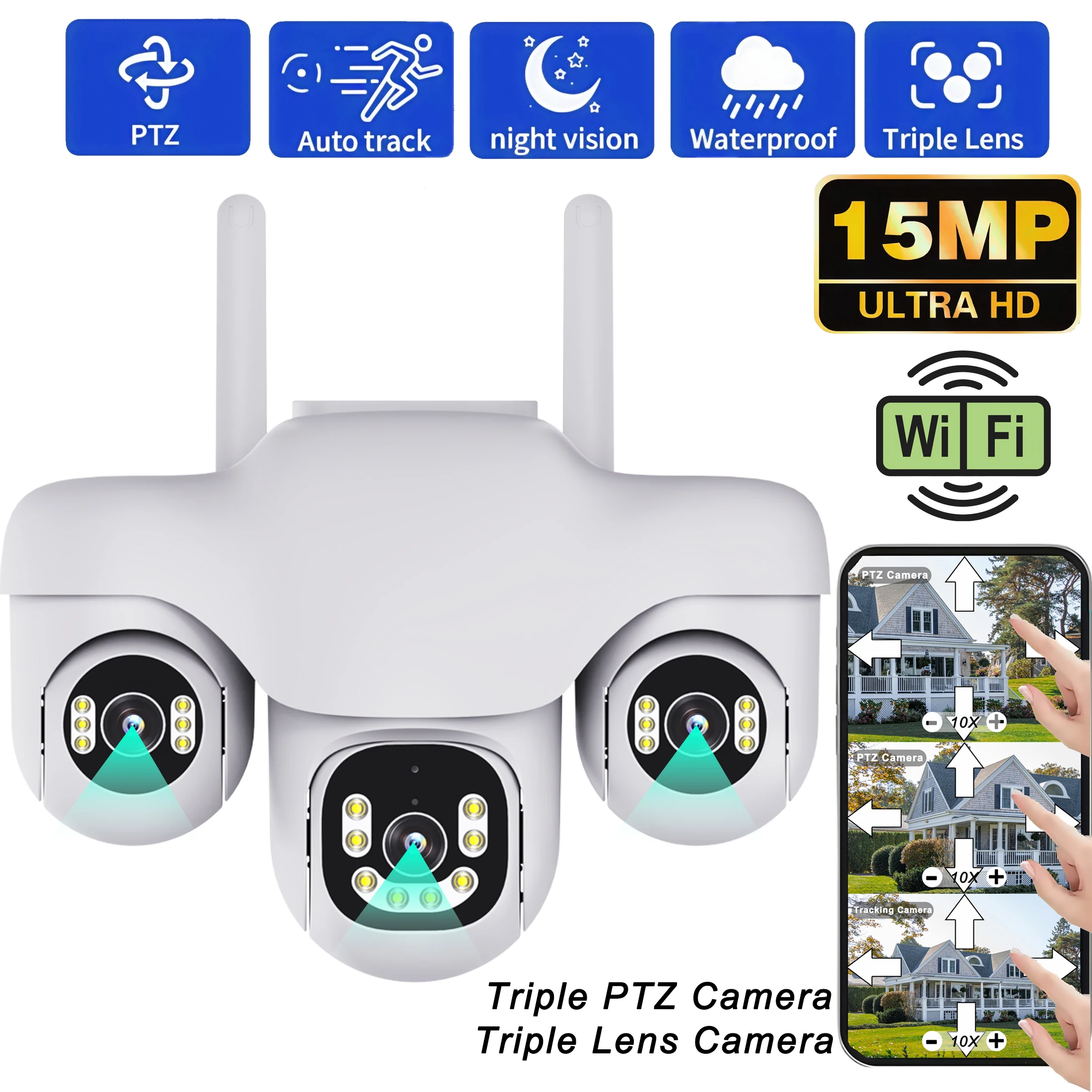 15MP WiFi Kamera Outdoor HD Drei Objektiv Drei Bildschirm PTZ IP Cam Menschliches Auto Tracking Wasserdichte Intelligente Sicherheit Überwachung CCTV Image