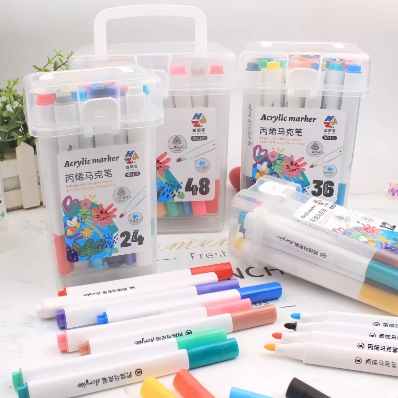 12 Farben / 24 Farben / 36 Farben / 48 Farben Acrylmarker Kunstmalerei DIY Graffiti weiße Dreiecksstabbürste Image