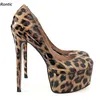 Rontic handgemachte Damen-Plateau-Pumps, glänzend, sexy, dünne High Heels, runde Zehen, braun, Leoparden-Party-Schuhe, Damen, US-Größe 5–20