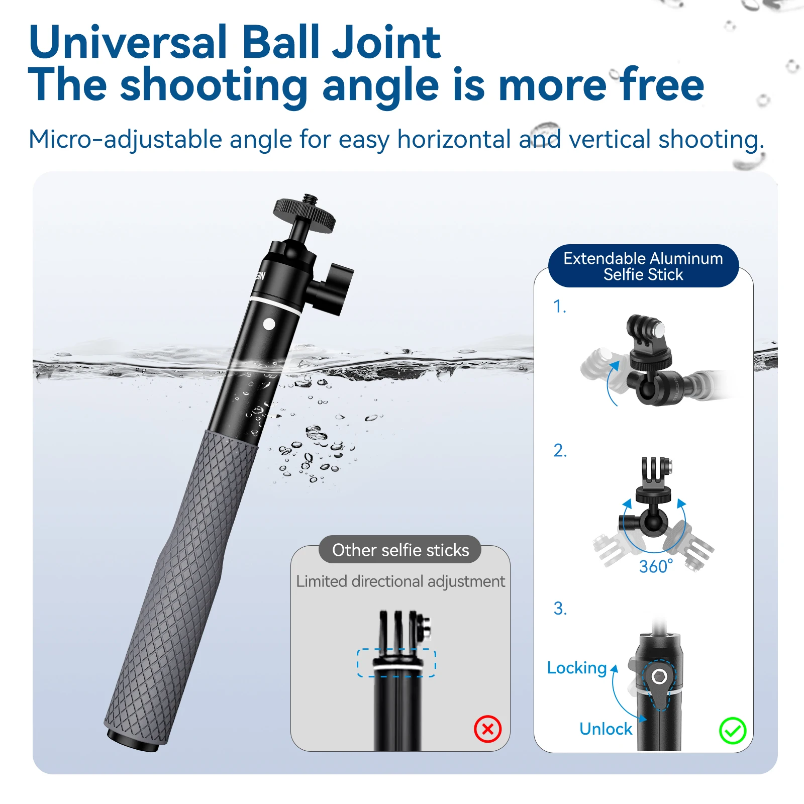 TELESIN Wasserdichter Tauch-Selfie-Stick Schwimmfähig 360 ° Rotations-Kugelkopf-Einbeinstativ für GoPro 13 12 11 DJI Action 6 5pro Insta360 AcePro Image