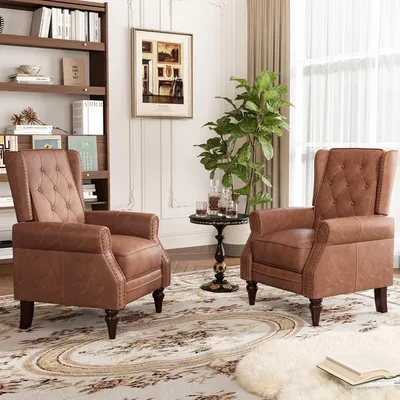 Set of 2 Mid Century Modern Accent Chair，PU Leather Leisure Single Sofa Chair with Buttons,High Back Upholstered Armchair with S