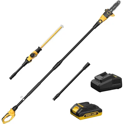 Pole Saw 8-Inch Cordless Tree Trimmer and 18-Inch Pole Hedge Trimmer 2-In-1,15-Feet Max Reach, Auto Oiling, Telescoping Pole Cha