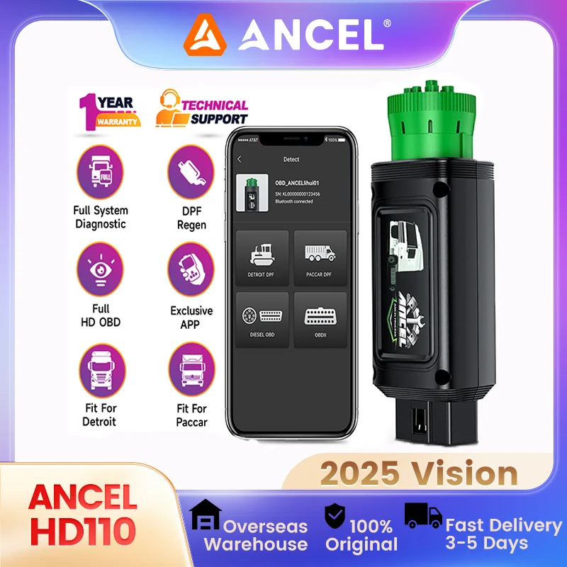 ANCEL HD110 Bluetooth Diesel Heavy Duty Truck Scanner All System DPF Regen for Detroit Paccar Diagnostic Scan Tool 9/12 Pin