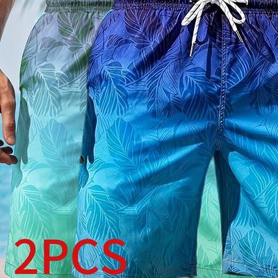 TEMU Blue+green, Men's Casual Indoor Printed Beach Shorts Set Of 2 Image