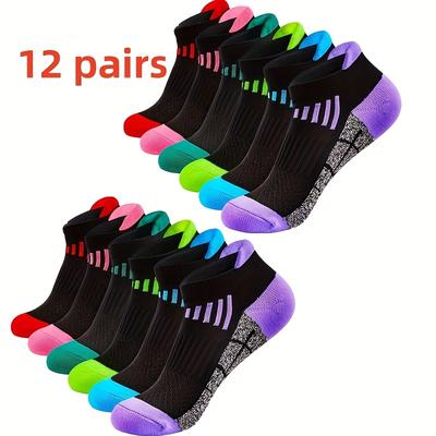 TEMU 12 Pairs Women's Athletic Socks - Elastic Low-cut Breathable Running Sports Socks With Colorful Stripes, Hand Washable For Spring Summer Basketball Gym Workout, Image