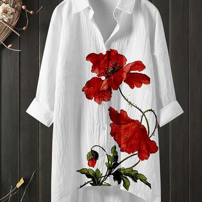 TEMU Women's Elegant White Blouse With Black Dandelion & Bird Print - Long Sleeve, Button-up Shirt For Spring/summer/fall, Casual To Formal Wear, Casual Wear | Floral Print Blouse | Texture Image