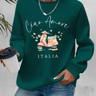 TEMU Women's Casual Crew Neck Sweatshirt, Polyester Knit Fabric, 250g/m², With Italia Cartoon Scooter Print, For Spring/fall Image