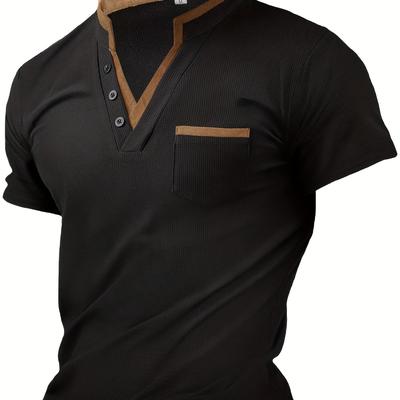 TEMU Men's Casual Summer Henley Shirt - V-neck, Short Sleeve With Chest Pocket, Waffle Texture, Color Block, Lightweight Jersey Fabric For Casual Attir Image