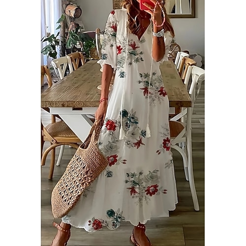 Damen Midikleid Druckkleid Mode Täglich Normale Passform Blume Dreiviertelarm V Ausschnitt Weiß Sommer Image