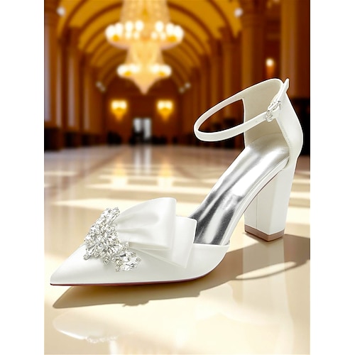 Damen-Pumps mit Blockabsatz aus Satin mit Kristallschleife und Strass-Detail, spitze High Heels für gehobene Partys und Cocktailveranstaltungen Image