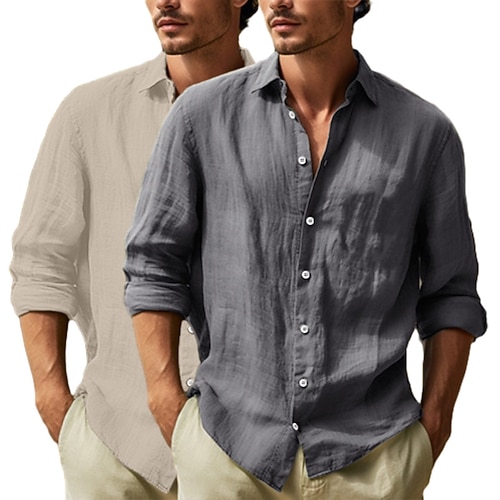 Herren Hemd Leinenhemd Sommerhemd Strandbekleidung Knopfhemd Einfach Urlaub Kreuzfahrt Weiss Rosa Weiß Khaki Schwarz dunkelgrün GrauKhaki Langarm Revers Sommer Frühling Bekleidung Image