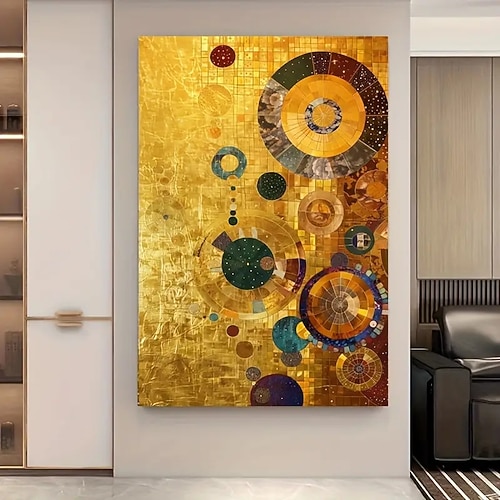 große rahmenlose abstrakte Leinwandkunst mit goldenen Kreisen – modernes geometrisches Gemälde in Gold, Blau, Grün und Mehrfarbig für die Dekoration von Wohn- und Schlafzimmer, große Leinwandkunst Image