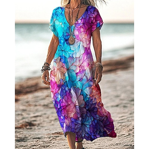 Damen Langes Kleid Maxikleid Freizeitkleid Sommerkleid Mode Outdoor Party Ferien Normale Passform Blume Kurzarm V Ausschnitt Blau Gelb Purpur Braun Sommer Image