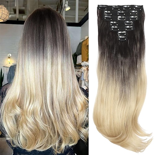 Clip-in-Haarverlängerungen, 6 Stück, 50,8 cm, Schwarz bis blond, Ombre-Kunsthaar mit nahtlos abnehmbaren Clips für Frauen, natürlicher Look für den Alltag Partynutzung Image
