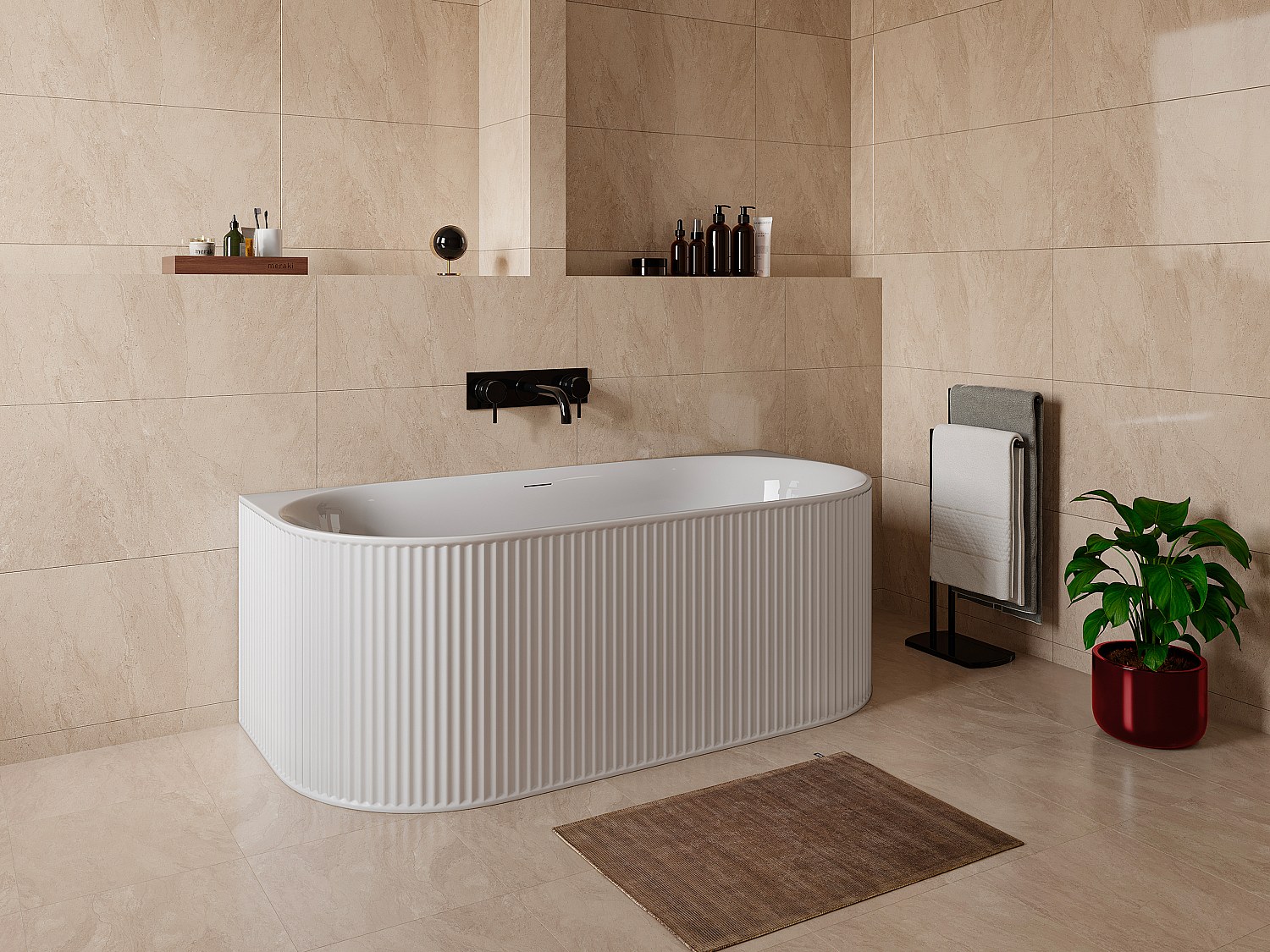 Vasca da bagno semi-freestanding scanalata 240 litri 170 x 80 x 60 cm Bianco opaco Acrilico - BARBORI