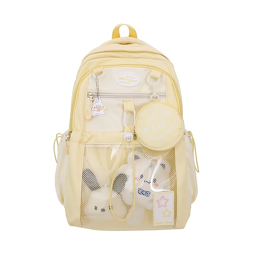 Tween Mädchen Kawaii Rucksack mit Netzfach Plüschanhänger süßer pastellfarbener Schulranzen für die Mittelschule Reisen und den täglichen Gebrauch Image