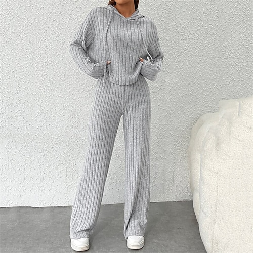 Damen Trainingsanzug Hose mit weitem Bein Reißverschlusstasche Einfarbig Kapuzensweatshirt Kombination Herbst Schwarz Hellgrau Fitnessstudio Training Sport Winddicht Langarm Sport Sportkleidung Image
