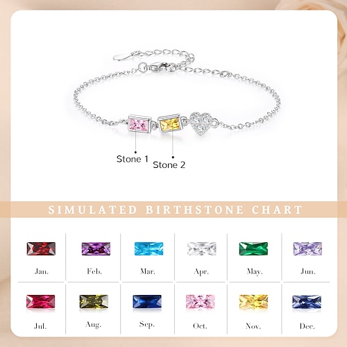 personalisiertes Armband mit doppeltem Geburtsstein und Herzanhänger, individuelles Schmuckgeschenk für Mama, Ehefrau, Freundin, zwei Geburtsmonatssteine symbolisieren die Liebe Verbindung Image
