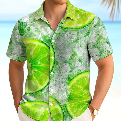 Herren Frucht Zitronengelb Sommer Hawaiihemd Knopfhemd Alohahemd Kurzarm Hawaiianisch Urlaub Strandbekleidung Sommer Frühling Umlegekragen 3D-Druck Hemden mit Kragen Grün Image