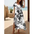 Damen Maxikleid Freizeitkleid Sommerkleid A Linie Kleid Elegant Urlaub Lässig Strand Normale Passform Blumen Grafik Blatt Kurzarm V Ausschnitt Schwarz und Weiß Gelb Rote Blau Sommer Frühling