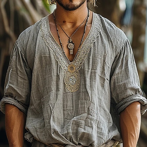 Herren Hemd Leinenhemd Popover-Hemd Sommerhemd Strandbekleidung Einfach Urlaub Straße Grün Kaffee Grau Langarm V Ausschnitt Sommer Frühling Bekleidung Image