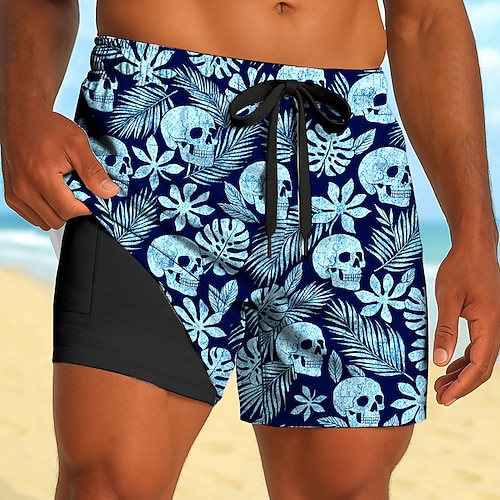 Herren Tropische Pflanzen Totenkopfe Blumen Gefütterte Shorts 2 in 1 Badeshorts Badeshorts Mittlere Taille Hawaiianisch Strandurlaub Seitentaschen Mit Kompressionsfutter Elastischer Kordelzug in der Image