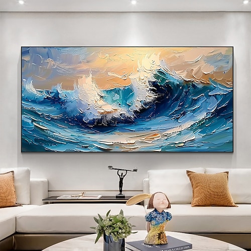 handgemachtes Original Meereswellen-Ölgemälde auf Leinwand abstraktes Ozean-Meereslandschaftsgemälde Wandkunst für Wohndekoration mit gespanntem Rahmen ohne Innenrahmengemälde Image