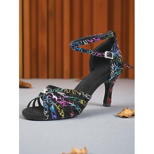 Professionelle Tanzsandalen aus Satin für Damen mit Regenbogen-Crack-Design und verstellbarem Knöchelriemen für Standard- und Lateintänze Image