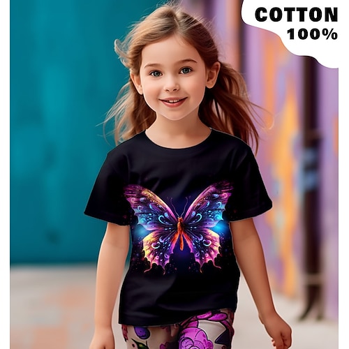 Mädchen 3D Graphic Schmetterling T-Shirt Kurzarm 3D-Druck Sommer Frühling Aktiv Modisch Kuschelig 100% Baumwolle kinderkleidung 3-12 Jahre Outdoor Casual Täglich Regular Fit Image