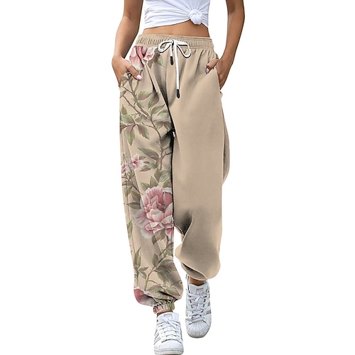 Damen Stoffhosen Gerade Streetwear Lässig Volle Länge Natürliche Taille Blume Tasche Drucken Elastisches Kordelzugdesign Außenbereich Bequem Outdoor Ausgehen Grau Gelb Rosa Armeegrün Herbst Normale Image