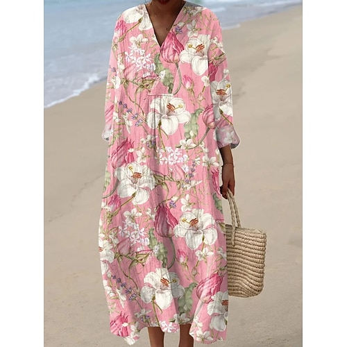 Womens Midi Kleid V-Ausschnitt Lange Ärmeln Kaftan Leicht Loose Fit A-Linie Kleid Lässig Boho Ausgehen Floral Grafik Lange Ärmeln V-Ausschnitt Pink Blau Helllila Fuchsia Image